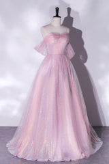 Bridesmaids Dresses With Sleeves, Pink Tulle Sequins Long Prom Dress, A-Line Formal Graduation Dress