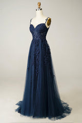 Emerald Green Bridesmaid Dress, Navy Tulle and Lace Long Prom Dress, Lovely Spaghetti Strap Evening Dress