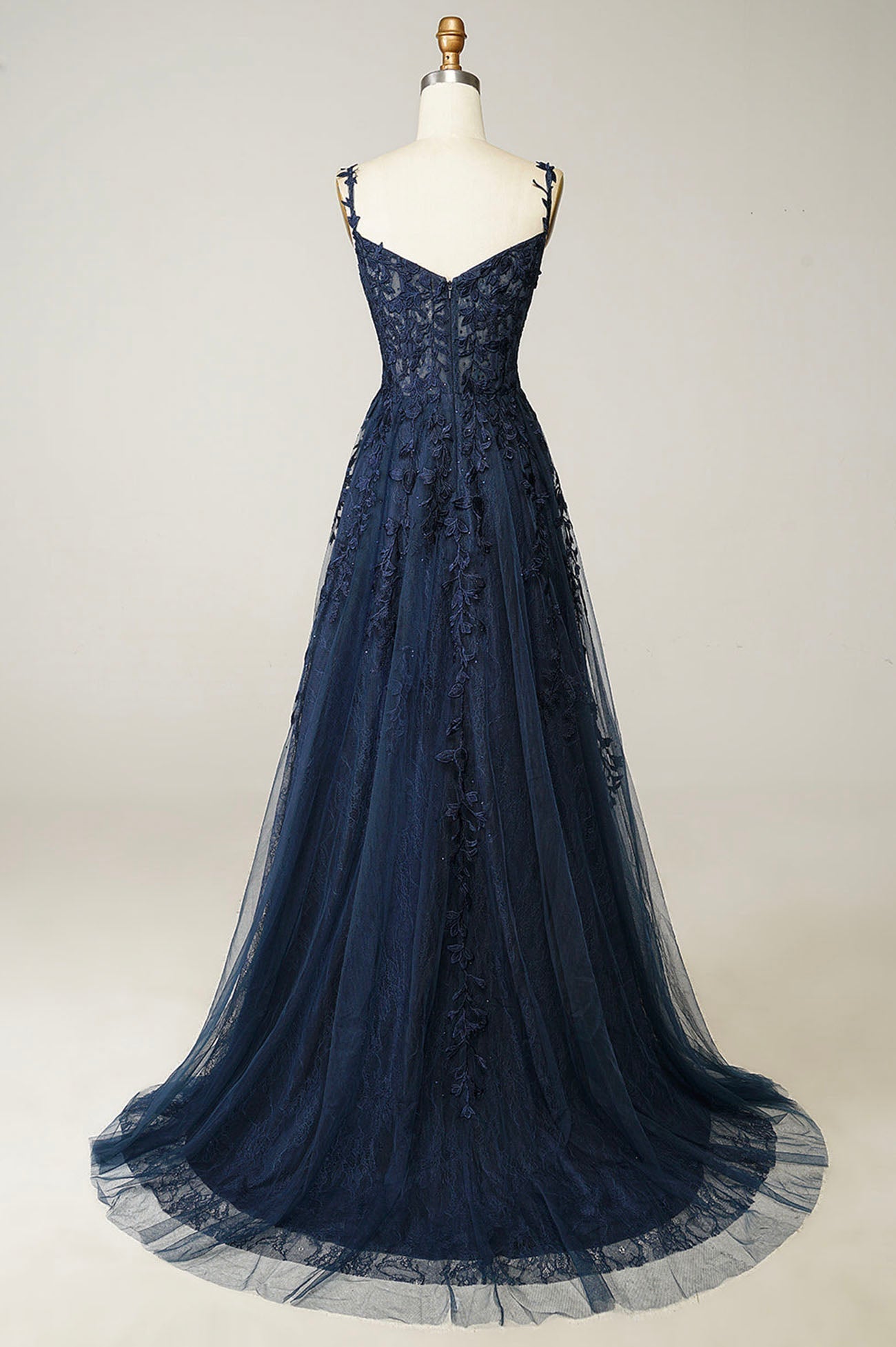 Autumn Wedding, Navy Tulle and Lace Long Prom Dress, Lovely Spaghetti Strap Evening Dress