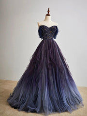 Bridesmaid Dresses Near Me, Purple Gradient Tulle Long Prom Dress, Beautiful A-Line Evening Party Dress