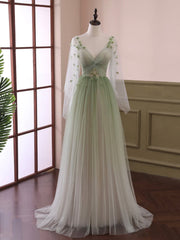 Party Dress Pinterest, Light Green Tulle Long Sleeve Prom Dress, Green Gradient Floor Length Evening Dress