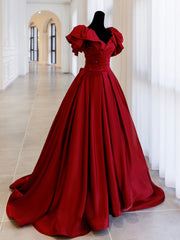 Prom Dresses Store, Burgundy Satin Long Prom Dress, A-Line Evening Party Dress