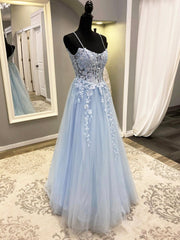 Bridesmaid Dresses Fall, Blue Spaghetti Strap Tulle Long Prom Dress with Lace, A-Line Evening Party Dress