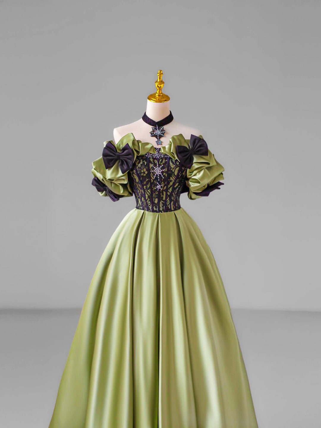 Gown Dress, Green Satin Lace Long Prom Dress, Beautiful A-Line Evening Dress with Bow