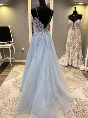 Bridesmaid Dresses 2035, Blue Spaghetti Strap Tulle Long Prom Dress with Lace, A-Line Evening Party Dress