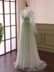 Party Dress Prom, Light Green Tulle Long Sleeve Prom Dress, Green Gradient Floor Length Evening Dress