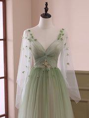 Party Dresses Prom, Light Green Tulle Long Sleeve Prom Dress, Green Gradient Floor Length Evening Dress