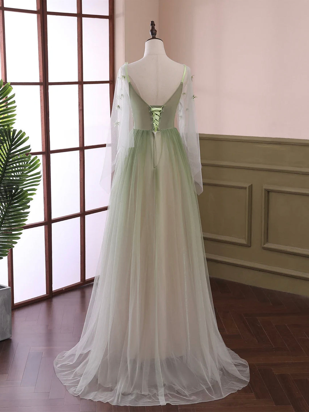 Party Dresse Idea, Light Green Tulle Long Sleeve Prom Dress, Green Gradient Floor Length Evening Dress