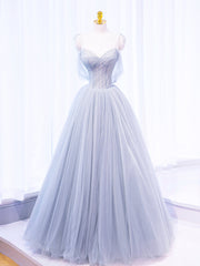 Formal Dress Elegant, Gray Spaghetti Strap Tulle Long Prom Dress, Gray A-Line Evening Party Dress