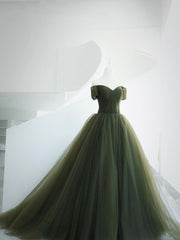 Party Dress Up Ideas Halloween Costumes, Green Tulle Long Prom Dress, A-Line Off Shoulder Evening Dress