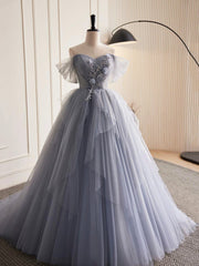 Strapless Dress, Gray Tulle Long A-Line Prom Dress, Off Shoulder Evening Dress Party Dress