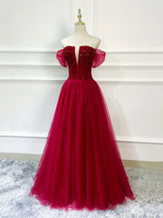 Prom Dress Ideas Unique, Burgundy Tulle Beaded Long Formal Dress, Off Shoulder Evening Party Dress