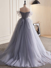 Prom Inspo, Gray Tulle Long A-Line Prom Dress, Off Shoulder Evening Dress Party Dress