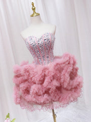 Bridesmaid Dress Black, Pink Sweetheart Neckline Tulle Short Prom Dress with Rhinestones, Cute Party Dress