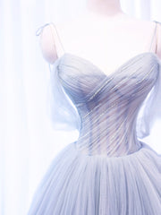 Formal Dresses Outfit Ideas, Gray Spaghetti Strap Tulle Long Prom Dress, Gray A-Line Evening Party Dress