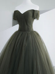 Party Dresses For Christmas Party, Green Tulle Long Prom Dress, A-Line Off Shoulder Evening Dress