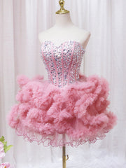 Bridesmaids Dress Black, Pink Sweetheart Neckline Tulle Short Prom Dress with Rhinestones, Cute Party Dress