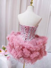 Bridesmaid Dresses Hunter Green, Pink Sweetheart Neckline Tulle Short Prom Dress with Rhinestones, Cute Party Dress