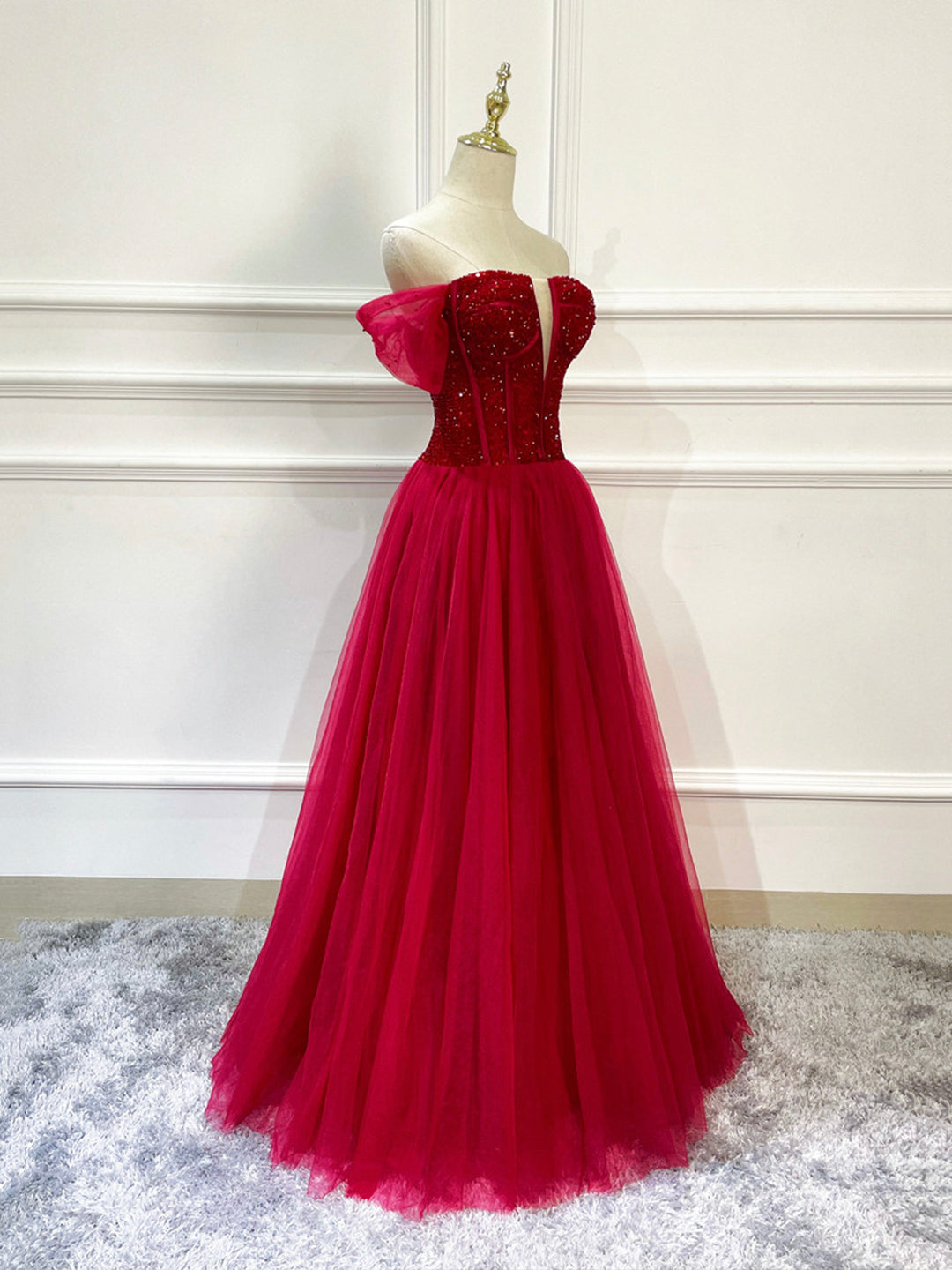 Prom Dresses Princess, Burgundy Tulle Beaded Long Formal Dress, Off Shoulder Evening Party Dress