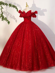 Semi Formal Dress, Red Tulle Long A-Line Ball Gown, Red Off Shoulder Formal Dress