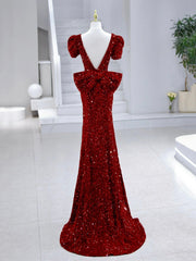 Party Dresses Ladies, Mermaid Sequins Long Prom Dress, Burgundy V-Neck Evening Dress