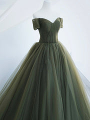 Party Dress Pink Dress, Green Tulle Long Prom Dress, A-Line Off Shoulder Evening Dress