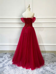 Prom Dress Inspo, Burgundy Tulle Beaded Long Formal Dress, Off Shoulder Evening Party Dress