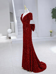 Party Dress Websites, Mermaid Sequins Long Prom Dress, Burgundy V-Neck Evening Dress