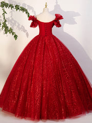 Unique Prom Dress, Red Tulle Long A-Line Ball Gown, Red Off Shoulder Formal Dress