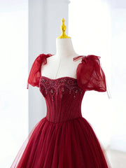 Prom Dress Beautiful, Burgundy Tulle Beaded Long Prom Dress, A-Line Formal Evening Dress