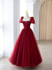 Prom Dress Cheap, Burgundy Tulle Beaded Long Prom Dress, A-Line Formal Evening Dress