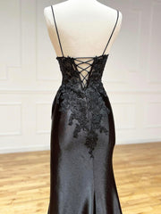 Wedding, Black V-Neck Satin Lace Long Prom Dress, Black Spaghetti Strap Evening Dress with Slit