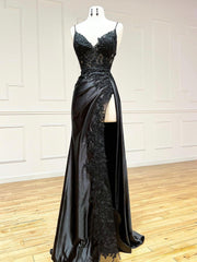 Bridesmaid Dress Red, Black V-Neck Satin Lace Long Prom Dress, Black Spaghetti Strap Evening Dress with Slit