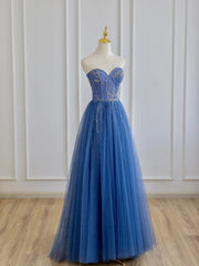 Corset Dress, Blue Strapless Tulle Long Prom Dress with Beaded, A-Line Evening Formal Dress