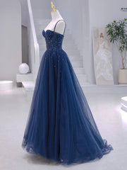 Wedding Guest Outfit, Blue Tulle Beaded Long Formal Dress, Blue Evening Dress