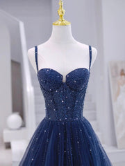 Homecoming Dress, Blue Tulle Beaded Long Formal Dress, Blue Evening Dress