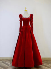 Party Dresses For Teenage Girls, A-Line Long Sleeve Velvet Floor Length Prom Dress, Burgundy Formal Evening Dress