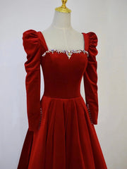 Party Dress For Teenage Girl, A-Line Long Sleeve Velvet Floor Length Prom Dress, Burgundy Formal Evening Dress