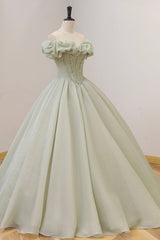 Prom Outfit, Green Ball Gown, A-Line Off the Shoulder Evening Gown with Beaded