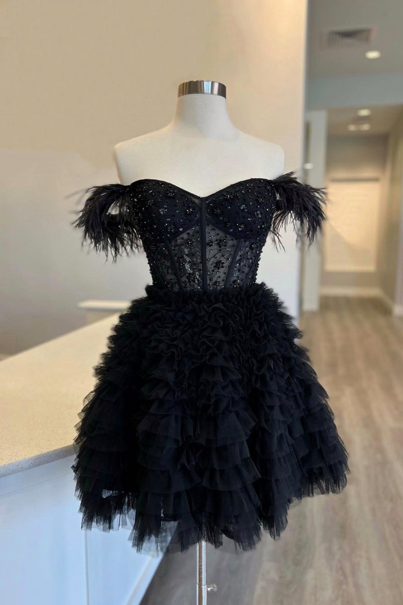 Boho Wedding Dress, Black Tulle Knee Length Prom Dress, Black Off Shoulder Evening Dress