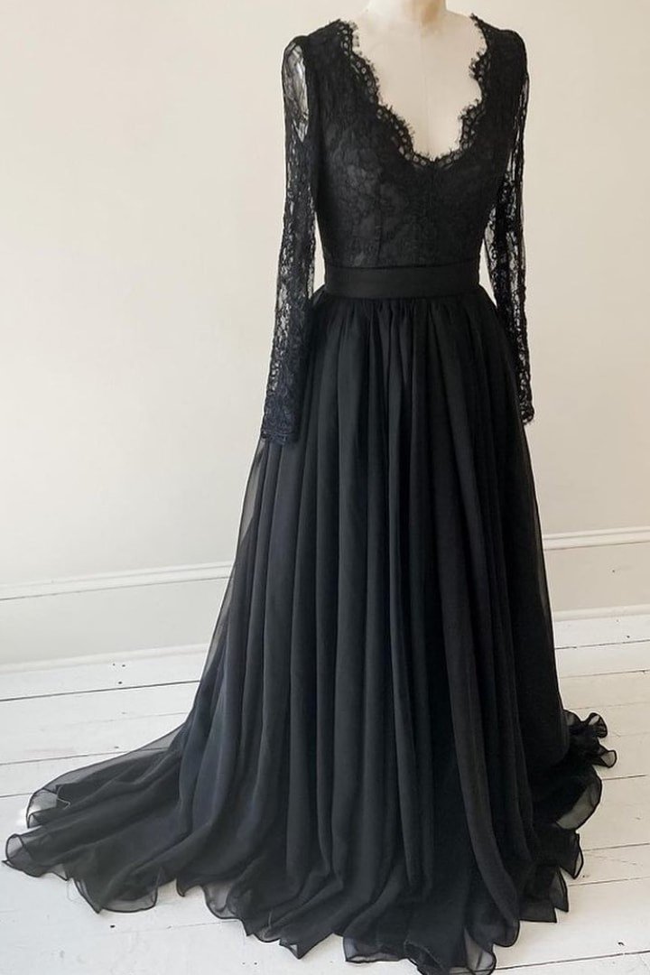 Party Dresses For 22 Year Olds, Lace Long Sleeves Black Evening Gown with Chiffon Skirt