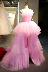 Corset Dress, Latest High Low A-line Strapless Tulle Pink Formal Prom Dresses