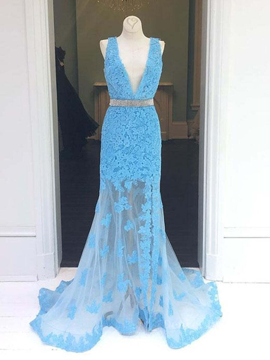 Winter Formal, Light Blue V Neck Mermaid Lace Applique Long Prom Dresses, Lace Blue Formal Dresses, Evening Dresses