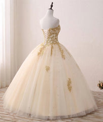 Prom Theme, Light Champagne Ball Gown Party Dress, Sweet 16 dress with Gold Applique