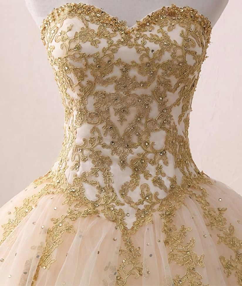 Pretty Dress, Light Champagne Ball Gown Party Dress, Sweet 16 dress with Gold Applique