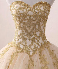 Pretty Dress, Light Champagne Ball Gown Party Dress, Sweet 16 dress with Gold Applique