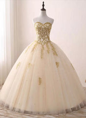 Yellow Prom Dress, Light Champagne Ball Gown Party Dress, Sweet 16 dress with Gold Applique