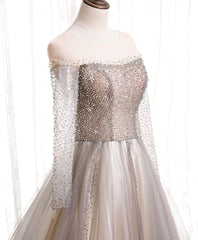 Prom Dresses Outfits Fall Casual, Light Champagne Long Prom Dress, A line Sequin Formal Evening Party Dress