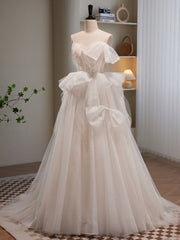 Cocktail Dress, Light Champagne Tulle Beading Long Prom Dress, Light Champagne Formal Dress