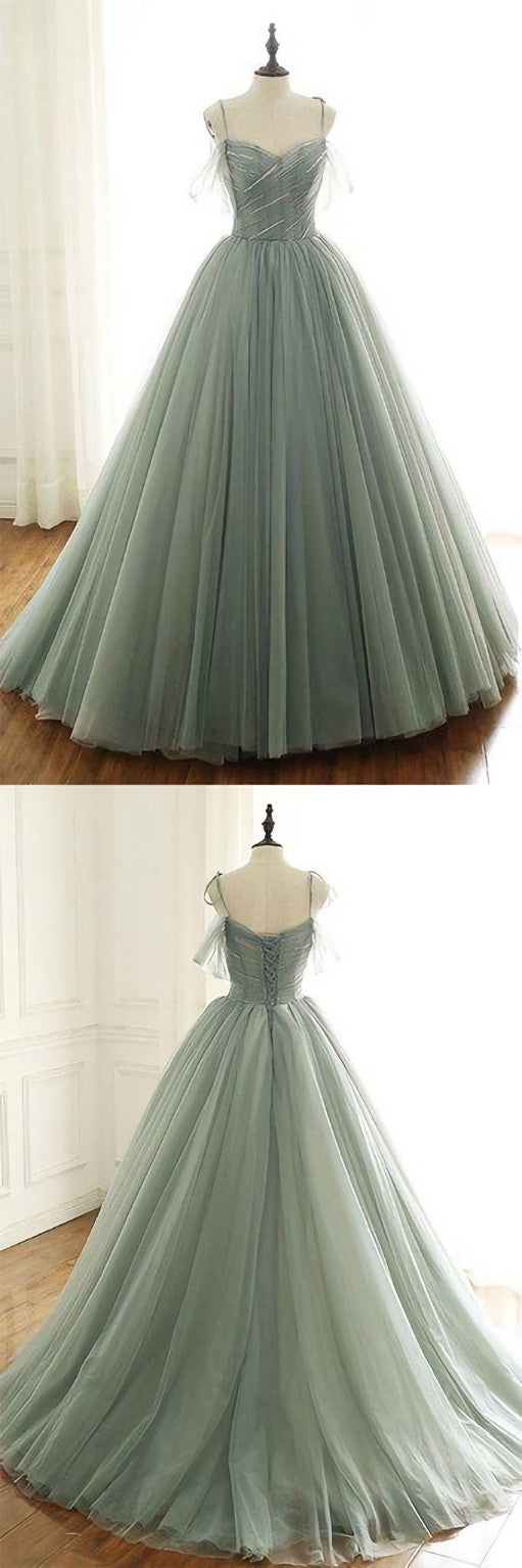 Party Dresses Long Dress, LIGHT GREEN TULLE LONG PROM DRESS, GREEN EVENING DRESS